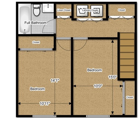 Floor plan for 2 beds, 1.5 baths, 980 sqft